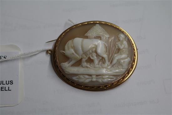 A Italian Romulus and Remus shell cameo brooch,